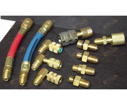 11pc R12 AC Manifold Gauge Adapter Set Solid Brass Flexible 90 Degree Joint